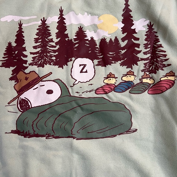 Peanuts Mint Green Sweatshirt Camping Theme Size S Snoopy Forest Mountains - Picture 5 of 6